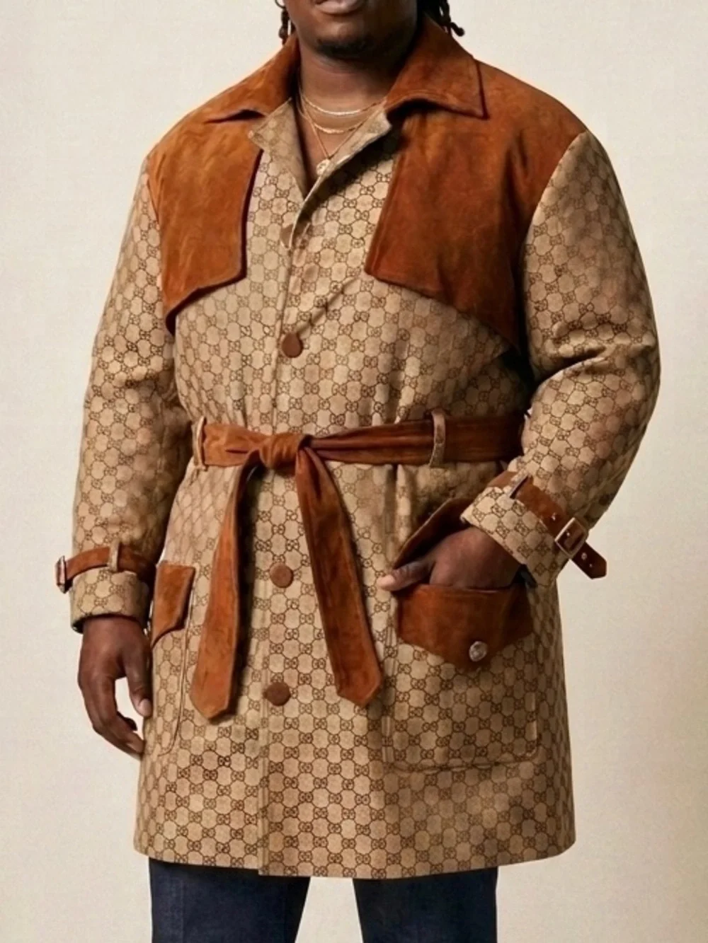 Gucci Brown Monogram Canvas Trench Coat with Suede Trim